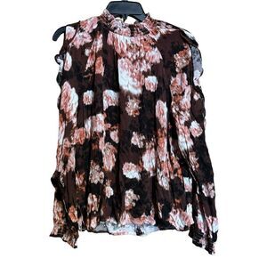 Maurices Top Large Multicolor Abstract Boho Mock Neck Cold Shoulder Ruffles